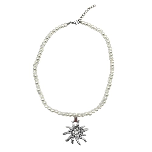 HAZMA 1 Stück Trachtenkette Edelweiss Kristallstein,Trachtenschmuck,Trachtenschmuck Damen,Dirndl Schmuck, Trachten Perlenkette,Für Halskette Dirndl & Lederhose(Perlsilber) von HAZMA