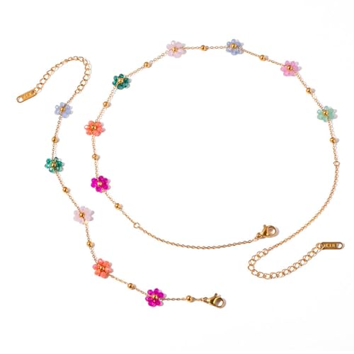 HAZMA 2 Stück Daisy Kette Und Armbänder Für Mädchen,Gänseblümchen Kette,Kette Mädchen,Stainless Steel Colourful Small Flowers Collar Necklace 18K Gold Plated Delicate Jewellery Gift, No Gemstone von HAZMA