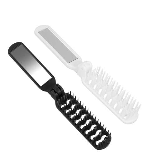 HAZMA 2 Stück Haarbürste Klein, Mini Haarbürste, Reise Haarbürste,Klappbare Haarbürsten Mit Integriertem Spiegel, Ideal Für Damen Herren Und Reisen Unterwegs Camping Oder Büro(Weiß Und Schwarz) von HAZMA