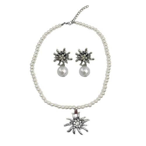 HAZMA 3 Stück Trachtenkette Edelweiss Kristallstein,Trachtenschmuck,Trachtenschmuck Ohrringe Damen,Dirndl Schmuck, Trachten Perlenkette,Für Halskette Dirndl & Lederhose(Perlsilber，B) von HAZMA