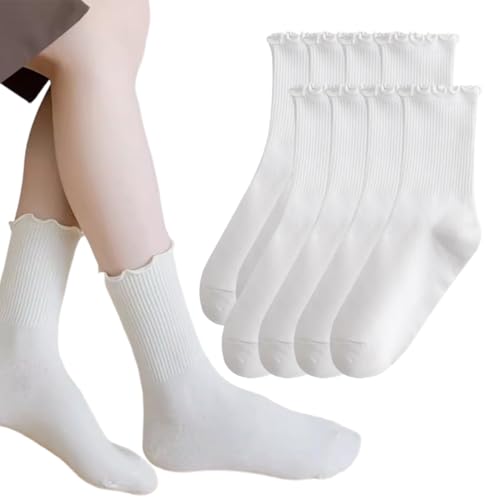 HAZMA 4 PAAR Socken Mit Rüschen Damen,Rüschen Socken, Sockenweiche Atmungsaktive Strick Knöchelsocken Für Damen Und Mädchen（Textil，Weiße,35-40，B） von HAZMA