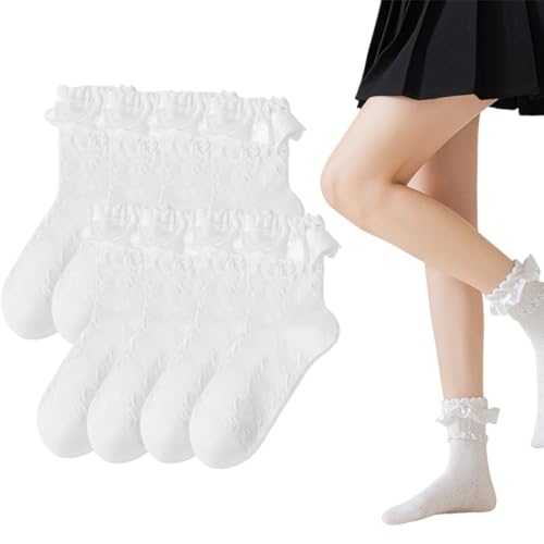 HAZMA 4 PAAR Socken Mit Rüschen Damen,Rüschen Socken Damen,Rüschen Sockenweiche Atmungsaktive Strick Knöchelsocken Für Damen Und Mädchen（Textil，Weiße,35-40，A） von HAZMA