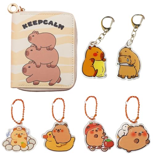 HAZMA Capybara Geldbeutel Für Kinder-Portemonnaie Mit Schlüsselanhänger Reißverschluss,Capybara Sachen,Umhängbar Für Schule/Reise+6 Stück Capybara Schlüsselanhänger von HAZMA