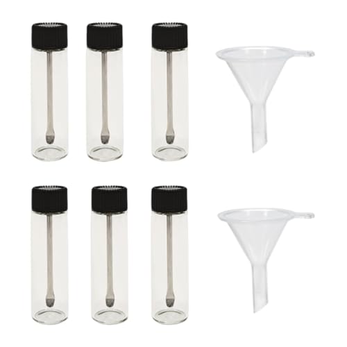 HAZMA Kleine Glasflaschen mit Löffel, starke Glasfläschchen mit 2 Mini-Trichtern für den täglichen Gebrauch, Pulver, Pillen, 6 Stück (transparent, A) von HAZMA