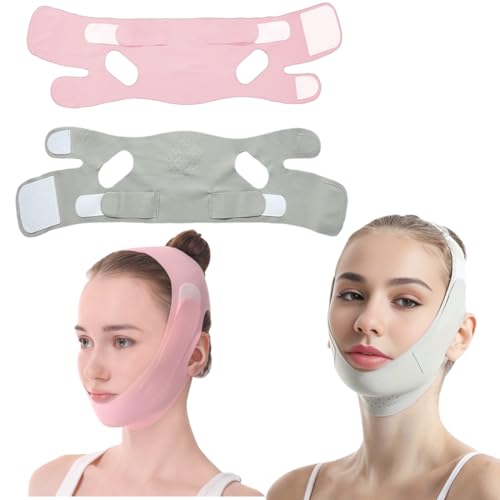 HAZMA 2 Stück Reusable Doppelkinn Maske, V-Shaped Chin Face Tightening Band, Kinnmaske Für Women, Face Lifting,V Line Lifting Mask, Designed Für Daily Use(Pink,Grau) von HAZMA