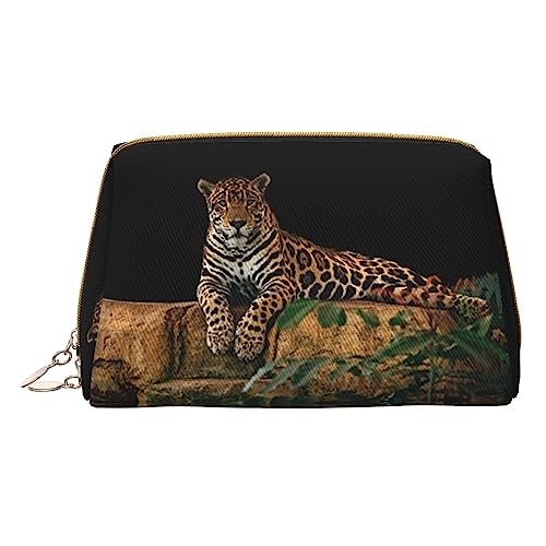 Afrikanischer Leopard auf Rock Make-up-Tasche Handtasche Tote Bag Print Leder Große Kapazität Reise Make-up Organizer, weiß, Einheitsgröße von HAZURE