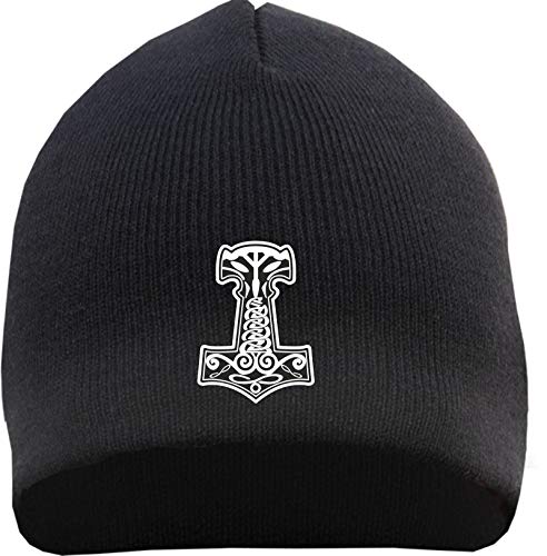 HB_Druck Thorshammer Mjolnir Beanie Mütze - Bestickt - Strickmütze Wintermütze Einheitsgröße Schwarz von HB_Druck