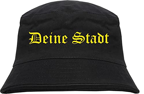Individueller Anglerhut - altdeutsch - schwarz - Bucket Hat - Fischerhut mit Wunschtext Bedruckt Druckfarbe: Gelb M von HB_Druck