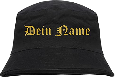 Individueller Anglerhut - altdeutsch - schwarz - Bucket Hat - Fischerhut mit Wunschtext Bedruckt Druckfarbe: Gold XL von HB_Druck