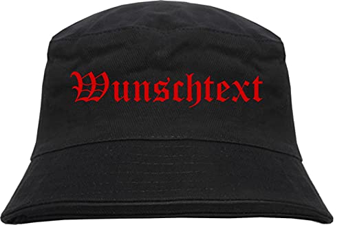 Individueller Anglerhut - altdeutsch - schwarz - Bucket Hat - Fischerhut mit Wunschtext Bedruckt Druckfarbe: Rot XL von HB_Druck