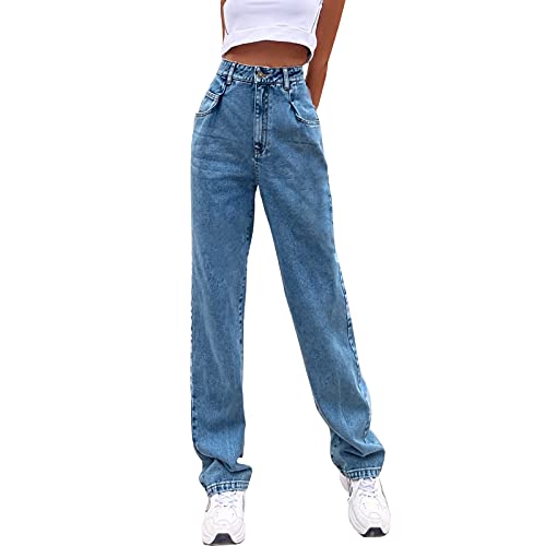 Damen Jeans Regular Relaxed Fit Straight Leg High Waist Trendy Vintage Boyfriend Juniors Mom-Fit Jeans, D-light blue, Mittel von HBER