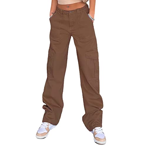 Damen Y2K High Rise Baggy Straight Leg Cargo Pants Streetwear Casual Boyfriend Hose mit Taschen, G#dunkelbraun, XX-Small von HBER