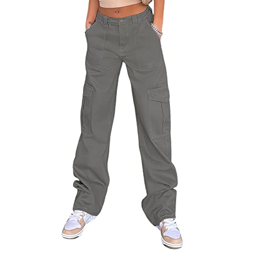 Damen Y2K High Rise Baggy Straight Leg Cargo Pants Streetwear Casual Boyfriend Hose mit Taschen, G#grau, XX-Small von HBER