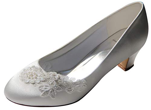 HBH Satin Brautschuhe Pumps Hochzeit,innen ausgepolstert,Perlen und Spitze,Ivory von HBH