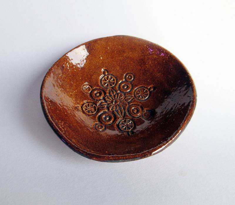 Kleine Braune Boho Print Hand Gebaut Keramik Gemusterte Trinkets Schale Schüssel - Artisan Töpfe Rustikale Ring Schmuck von HBSculptures