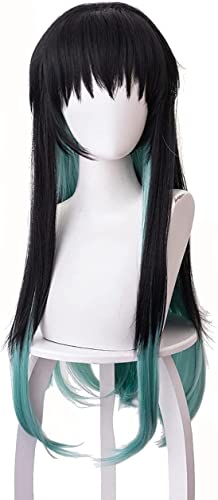 Anime Coser pruik Tokitou Muichirou Cosplay Perücke Anime Demon Slayer Schwarz- Green Gradient Lange gerade Perücken mit Pony Cosplay Zubehör for Frauen Mädchen mit Perücke Kappe[Farbe: Gradient] von HBYLEE