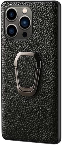 Für Apple iPhone 13 Pro 6,1 Zoll Hülle mit magnetischem Fingerständer, Litschi Muster Leder stoßfeste Rückseite Handyhülle （Schwarz，- von HBYLEE