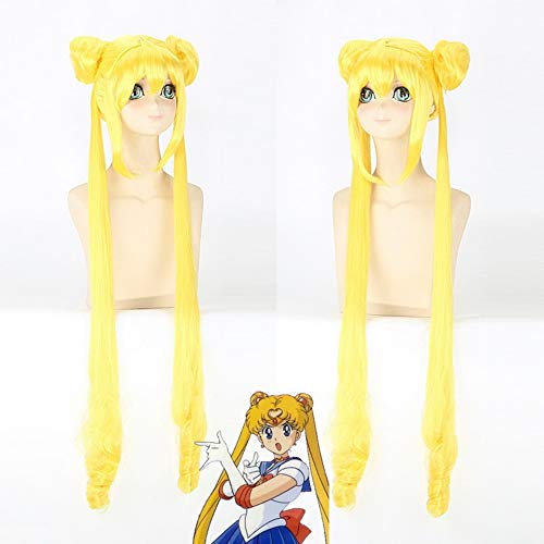 HBYLEE- 120 cm Sailor Moon Cosplay Perücke Gelb Lange Wellenförmige Synthetische Haar Tsukino Usagi Anime Kostüm Party Perücken Für Frauen Hitzebeständige[Farbe: Gelb ] von HBYLEE