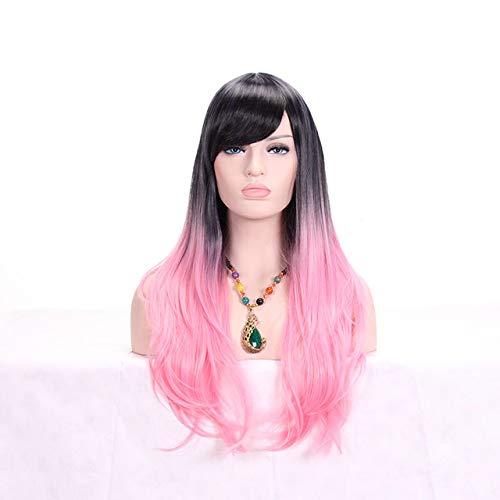 HBYLEE- 28 zoll Mode Schwarz Blond Ombre Perücke Mit Pony Kunsthaar Anime Cosplay Lange Wellenförmige Perücken Für Frauen Hitzebeständige hellrosa[Farbe:Hell-Pink] von HBYLEE