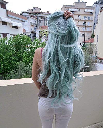 HBYLEE-Blue Pastel Colour with Dark Roots Heat Resistant Synthetic Lace Front Wigs for Women Ladies Girls Long Wavy Hair Handmade Middle Parted Cosplay/Party Synthetic for Drag Queen 22 Inches von HBYLEE