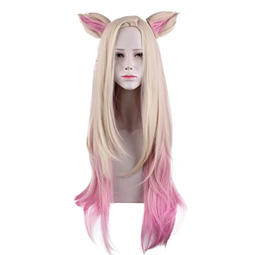 HBYLEE-Cosplay Wig For KDA Ahri Wig 80cm Long Blonde Mixed Pink Hair With Ears Heat Resistant Synthetic Wigs Carnival Party[Farbe:Blond ] von HBYLEE