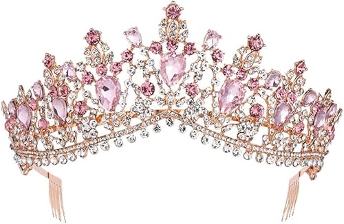 HBYLEE -Diamant Tiara Barock Rosa Kristall Braut Tiara Krone mit Kamm Festzug Abschlussball Strass Schleier Tiara Stirnband Hochzeit Haarschmuck(Farbe:illustriert) von HBYLEE