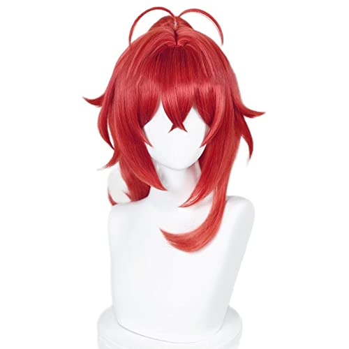 HBYLEE-Game Genshin Impact Cosplay Diluc Ragnvindr Wig Diluc Red Detachable Ponytail Fake Hair Halloween Party Carnival Role Play[Farbe:-] von HBYLEE