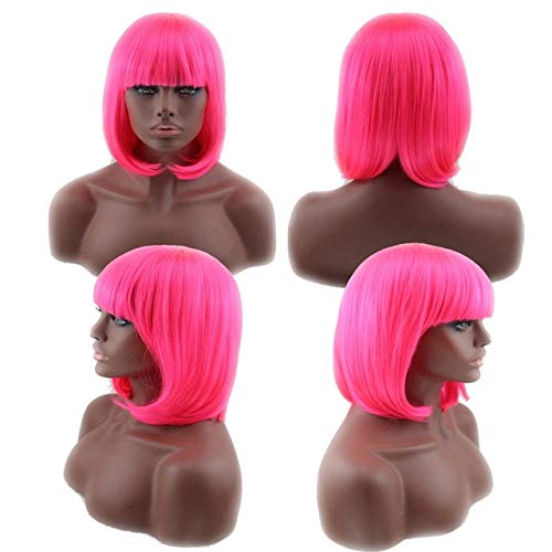 HBYLEE- Günstige Bob Perücke Mit Pony Rot Rosa Blau Lila Blondes Haar Synthetische Halloween Kostüm frauen Kurze Cosplay Perücken Für Party rose rot 1[Farbe:rosarot 1] von HBYLEE