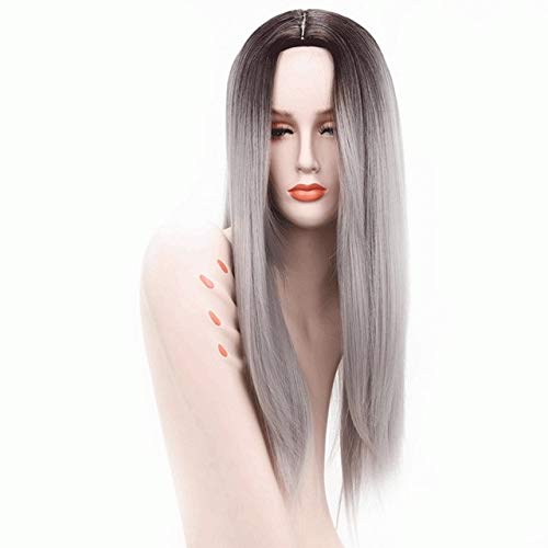 HBYLEE- Hohe Qualität 26 zoll Gerade Lange Schwarz Grau Ombre Perücke Kunsthaar Mittelteil Natürliche Anime Cosplay Perücken Für Frauen schwarz grau[Farbe:schwarzgrau] von HBYLEE