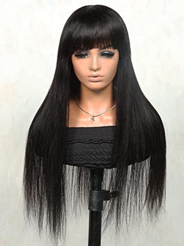 HBYLEE Human Hair Wigs for Women 200 Density Long Straight Woven Human Hair Wig With Bangs for Cocktail Party，Farbe：Black 200density/Größen：16 inch von HBYLEE