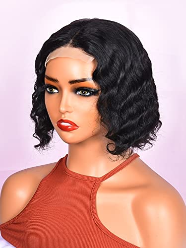 HBYLEE Human Lace Wigs 4 * 4 Lace Front Deep Wave Human Hair Wig for Black Women ，Farbe：150Density 4 * 4 Black/Größen：8 Inch von HBYLEE