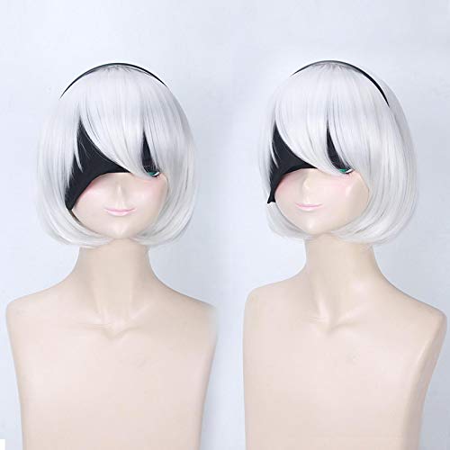 HBYLEE-Nier Automata 2b Yorha No. 2 Type B Short Silver White Bobo Cosplay Wig With Eye Patch Black Hairband[Farbe:sliver white] von HBYLEE