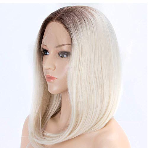 HBYLEE-SHIYID Blonde Short Wigs for Women Synthetic Lace Front Wig Wig with Light Brown Roots to White Straight heat resistant fiber[Farbe:Blond ] von HBYLEE