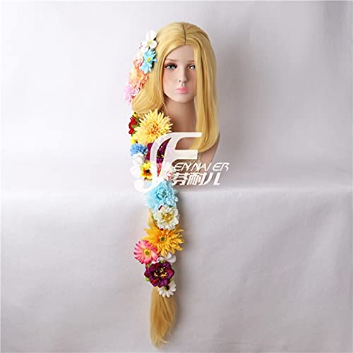 HBYLEE-Tangled Cosplay Wig Princess Rapunzel Long Braids Künstliche Blumen Kopfbedeckung Frauen Blonde Kunsthaar Erwachsene Perücke und Blumen[Farbe:Blond ] von HBYLEE