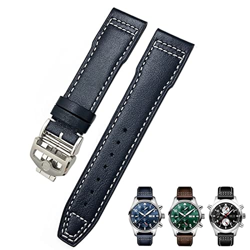 HBYLEE Uhrenarmband aus Rindsleder, 20 mm, 21 mm, geeignet für IWC-Pilotenuhren, Portugieser-Armbänder Mark 18, weiches blaues Armband（Dunkelblau, faltbar，20 mm von HBYLEE