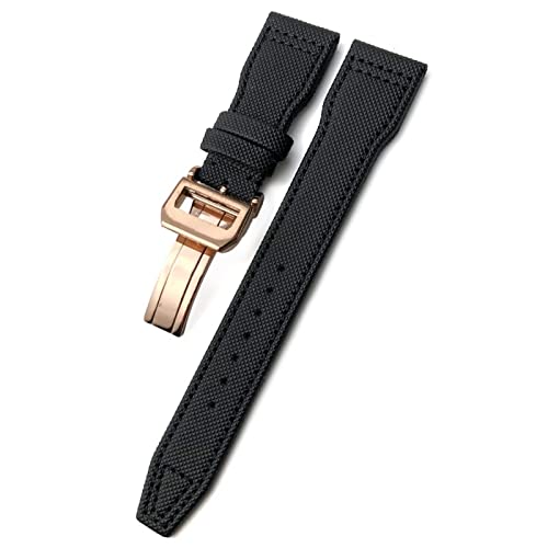 HBYLEE Uhrenarmband aus gewebtem Nylon, 20 mm, 21 mm, 22 mm, Faltschnalle, passend für IWC Pilot Mark Portugieser Portofino Armband（Schwarz, Schwarz, Rose 1，21 mm von HBYLEE