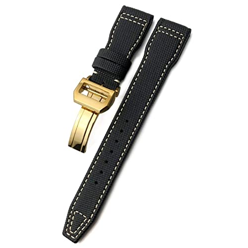 HBYLEE Uhrenarmband aus gewebtem Nylon, 20 mm, 21 mm, 22 mm, Faltschnalle, passend für IWC Pilot Mark Portugieser Portofino Armband（Schwarz-Weiß-Gold，22 mm von HBYLEE