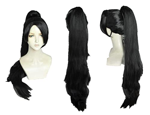 HBYLEE Wig Anime Cosplay Perücke Cosplay Spiel Valorant Sage Kostüm Main Peran Halloween Rambut Hitam Pesta Chip 80Cm Ekor Kuda + Topi Perücke[Farbe:nach Plan] von HBYLEE