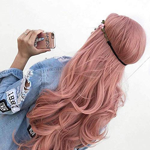 HBYLEE-Wig for cosplay 22 Inch Rose Gold Pink Synthetic Lace Front Wigs for Women Wavy Hair Pastel Pink High Temperature Long Hair for Women Replacement Wigs Sunny Hair Natural Looking for Party von HBYLEE