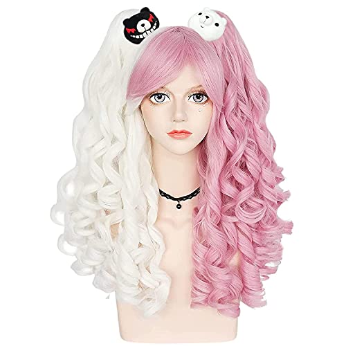 HBYLEE-Wig for cosplay Anime Coser Wig Female Monokuma Cosplay Wig with Braids, Long Pink and White Lolita Gothic Junko Wigs with Ponytail for Girls with Bear Clips + Cap von HBYLEE