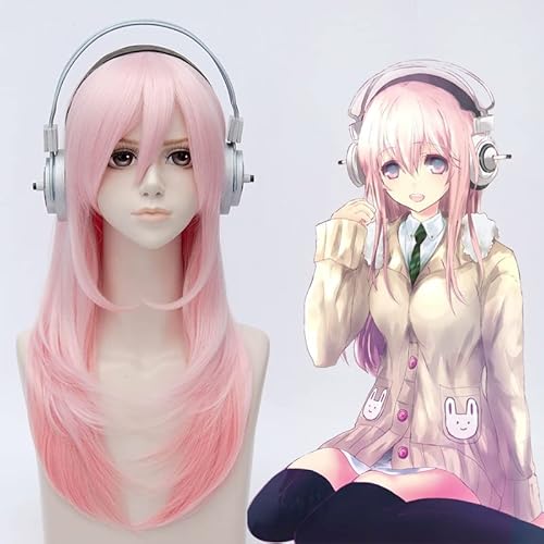 HBYLEE-Wig for cosplay Cosplay Wig Headphones Prop Super Sonico the Animation Headset Soni-Ani Pink Long Straight Synthetic Hair for Adults von HBYLEE