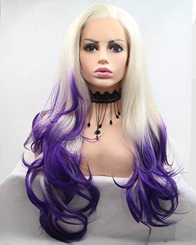 HBYLEE-Wig for cosplay Drag Queen Side Part Hairline White Blonde Ombre Fire Purple Lace Front Wig Long Synthetic Wave Hair Women Cosplay Makeup Party Wedding von HBYLEE