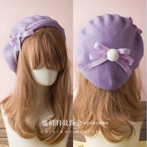 HBYLEE-Wig for cosplay Lolita Beret Wool Blend Ladies Girls Bow Plaid Striped Sailor Style Preppy Chic College Student Cap J von HBYLEE