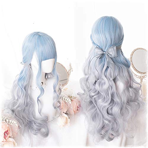 HBYLEE-Wig for cosplay Lolita Cosplay Wig High Temperature Fiber Synthetic Hair Japanese Style 30 Inches Blue Grey Long Curly Hair Wig with Hair Cap von HBYLEE