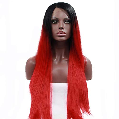 HBYLEE-Wig for cosplay Red Wig Ombre Black Roots Natural Straight Long Hair Heat Resistant Synthetic Lace Front Wigs for Women Girls Replacement Natural Hairline Party Cosplay von HBYLEE