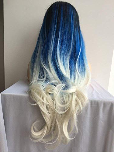 HBYLEE-Wig for cosplay Sapphire Blue Ombre White Wig Long Mermaid Synthetic Lace Front Wig for Women Black Roots to Dark Blue White Drag Queen Party Wigs von HBYLEE