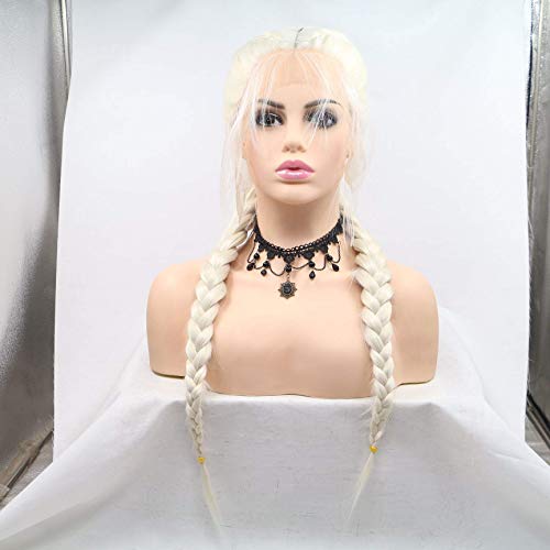 HBYLEE-Wig for cosplay White Blonde Double Braids Synthetic Wigs for Women Handmade Braided Lace Wigs with Medium Hair and Baby Hair for Drag Queen Makeup Long Heat Resistant von HBYLEE