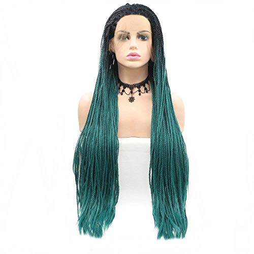 HBYLEE-Wig for cosplay Women's Handmade Afro America Box Braided Wigs for Women Cosplay Holidays Black Roots Ombre Green/Grey Lace Front Wig Long Braids Hair Synthetic Fibre von HBYLEE