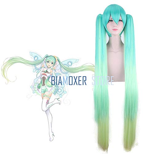 HBYLEE-Wig for cosplay anime cosplay perücke Grün Gradient 2 Pferdeschwänze Haar Perücke Kappe Vocaloid Hatsune Miku Autorennen Cosplay Anime Volle Lange Gerade Perücke 120 Cm Freie Kappe von HBYLEE