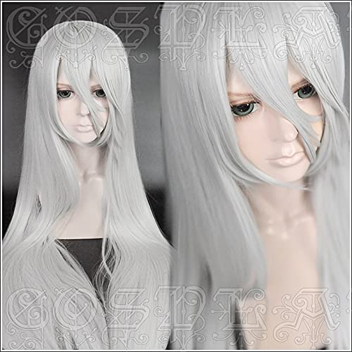 HBYLEEWig Anime Cosplay Spiel NieR Automata Yorha Typ A No.2 A2 Cosplay Perücke Silber Weiß Lange Hitzebeständige Kunsthaarperücke + Perückenkappe[Farbe:nach Plan] von HBYLEE
